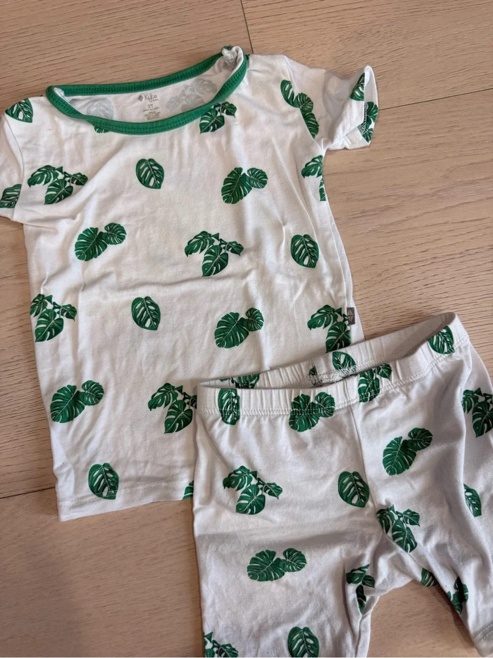 Kyte BABY White Pajama Set with Green Leaf Print | 2T